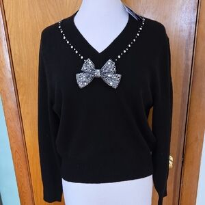 NWT Kate Spade Mainline Embellished V-Neck Sweater, Black, Size L
